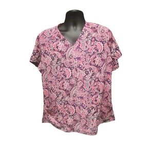 Butter Soft Womens Scrub Pink Short Sleeve Size L Floral Print Pockets